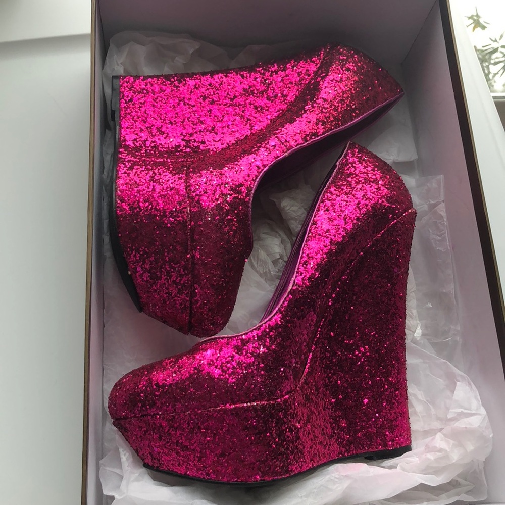 Bebe Omega Fuchsia Glitter Wedge Heel - Picture 1 of 4